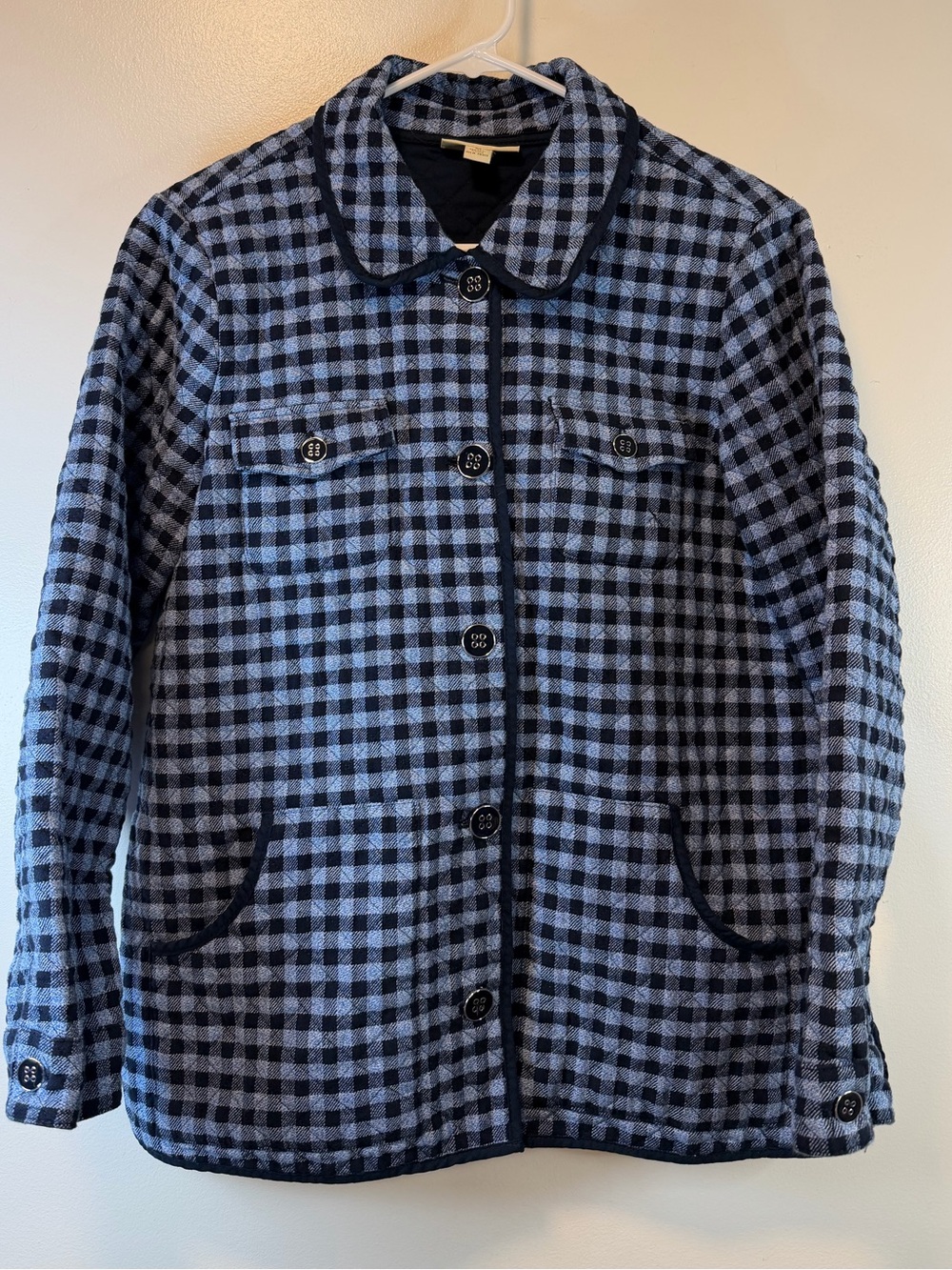 Appleseed's Blue and Navy Gingham Quilted Button Up Jacket Lined Women’s Medium